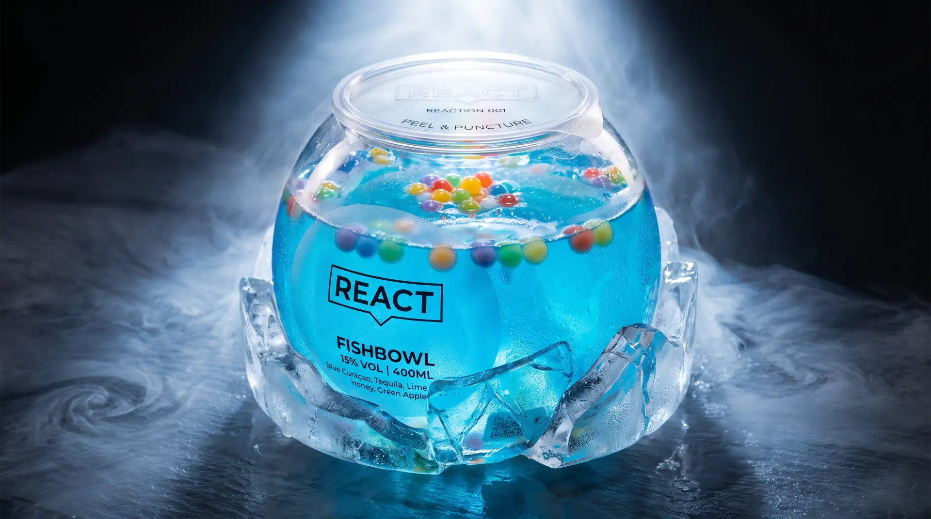 REACT Fishbowl nested in an ice ring, with its peel and puncture lid clearly visible