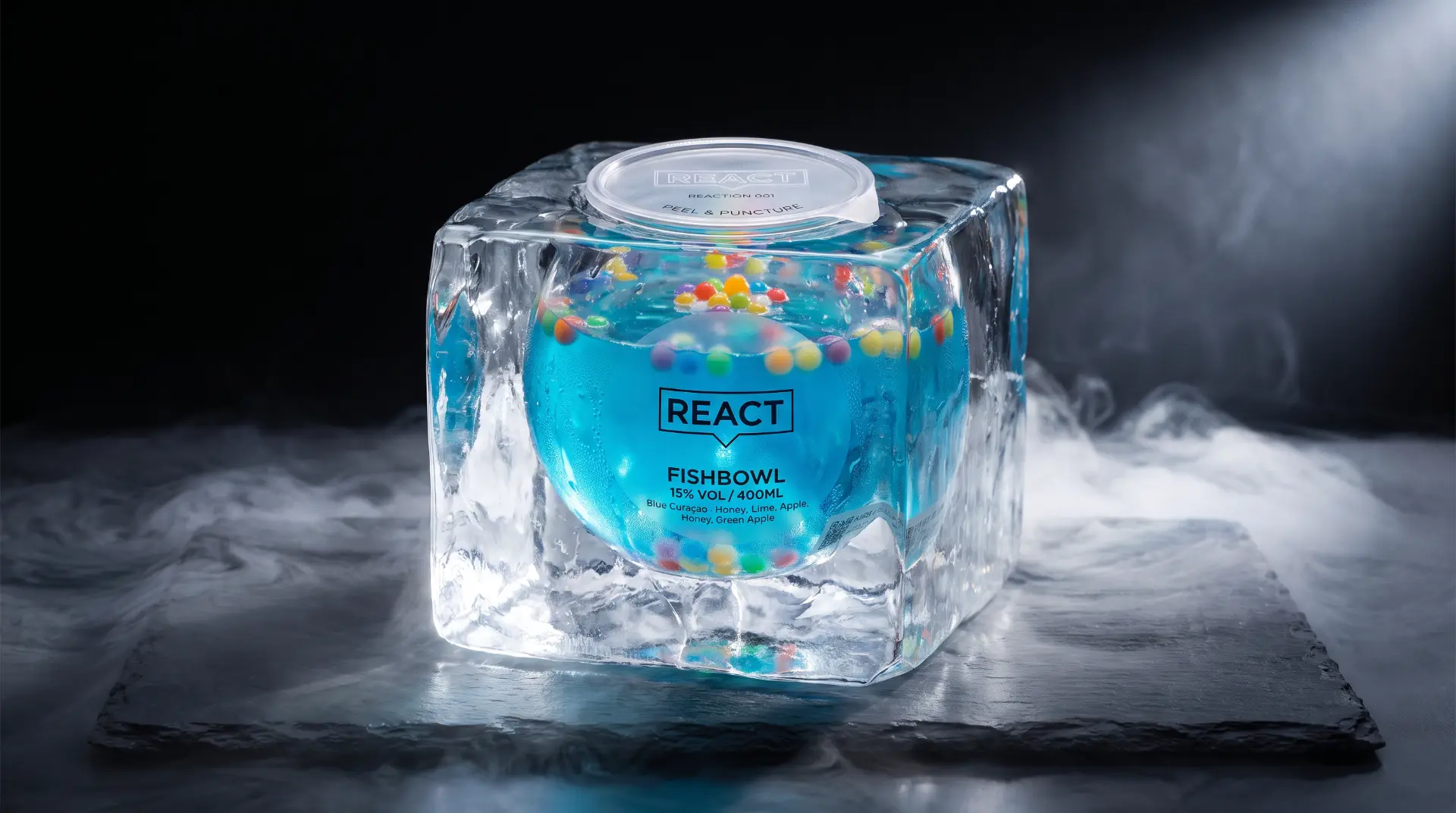 REACT Fishbowl encased in a clear ice cube with theatrical cold vapour